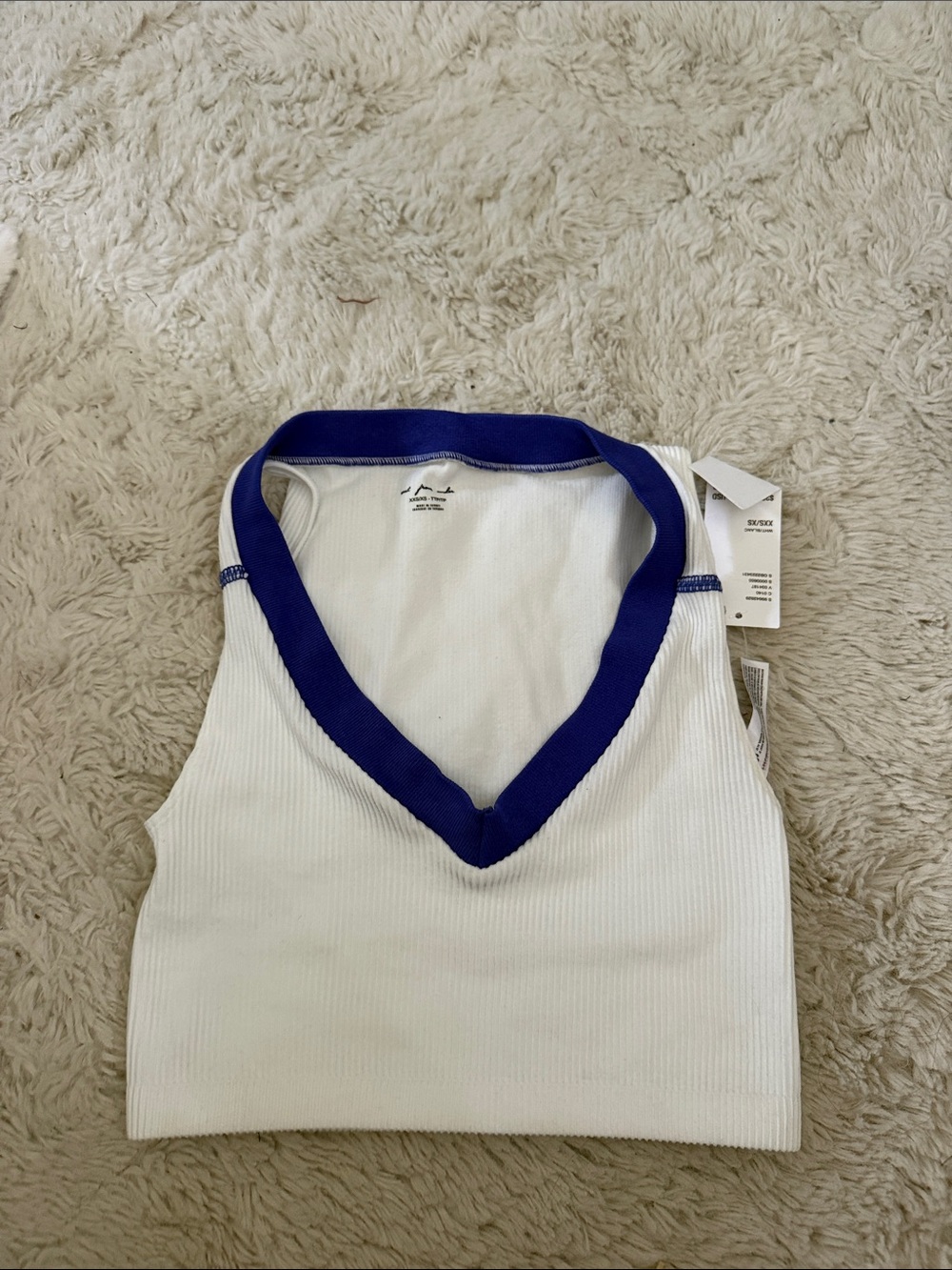 Urban Outfitters White Ribbed V-Neck Tank with Blue Trim